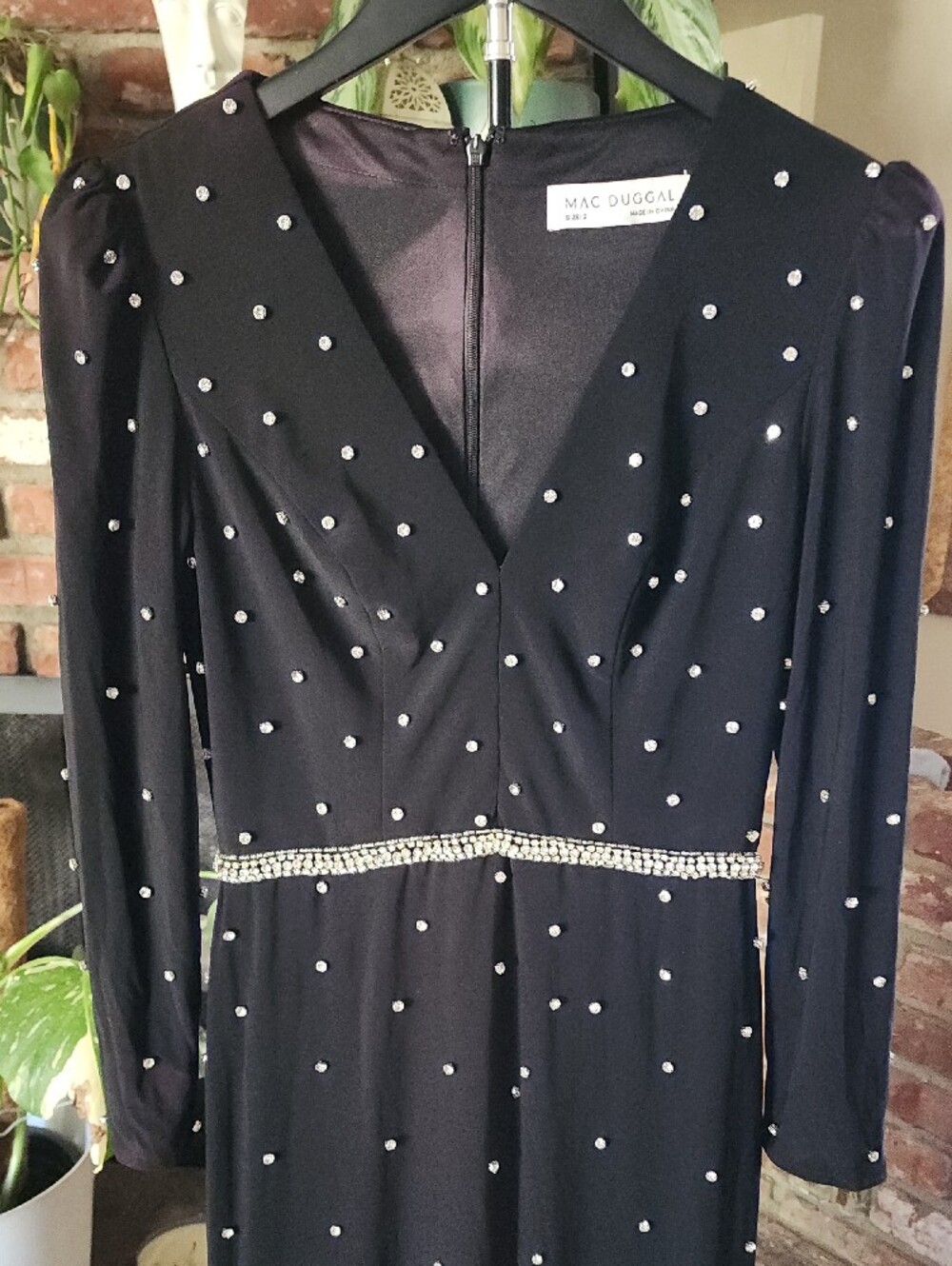 Mac Duggal 55797 Black Rhinestone Long-Sleeve V-Neck Evening Gown - Picture 6 of 10